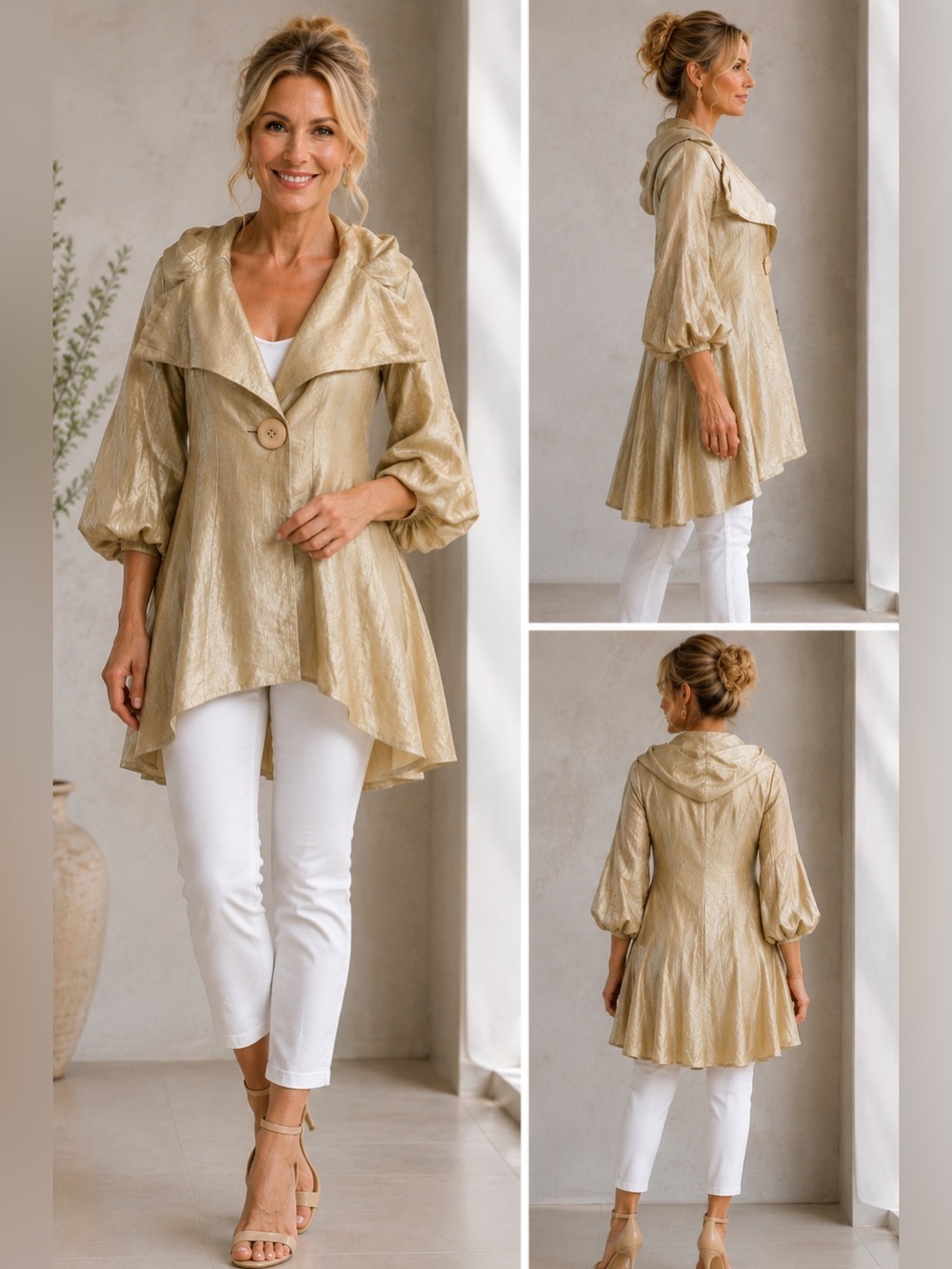 Joseph Ribkoff champagne shiny flared high-low asymmetrical puff sleeve jacket 8